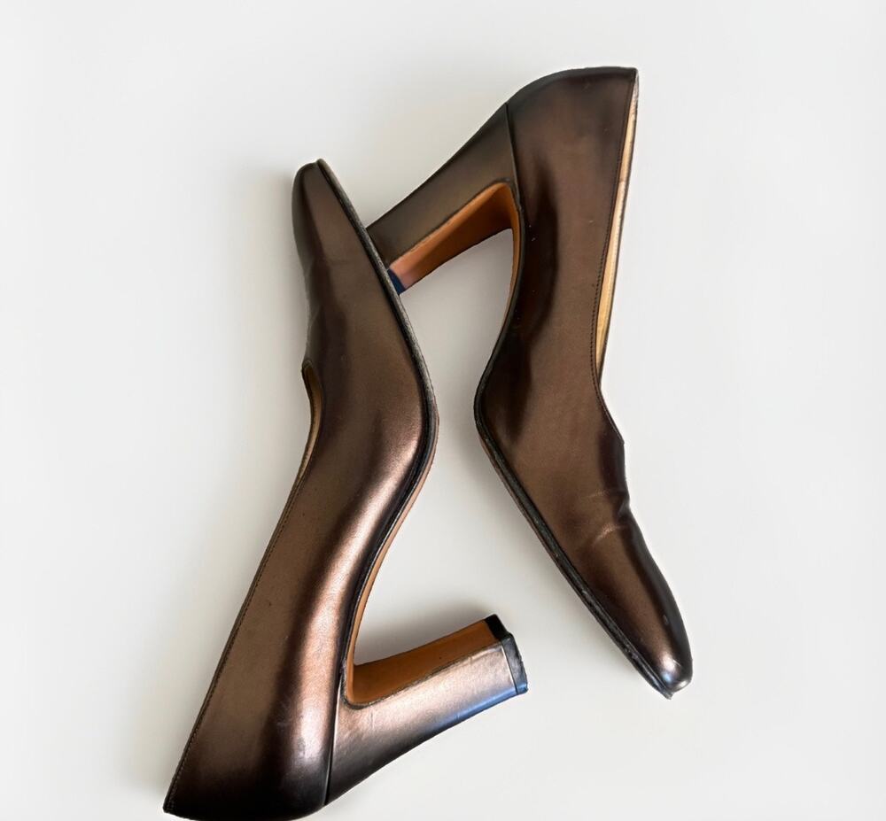 Salvatore Ferragamo Size 7 Bronze Metallic Block Heel Pumps Made in Italy